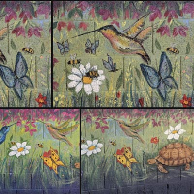 Detailed wildlife garden mural featuring honeybees, hummingbirds, and colorful flowers.