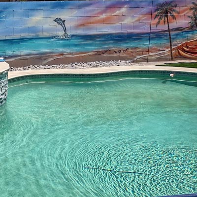 Playful dolphin leaping at sunset on a poolside beach-themed wall mural.