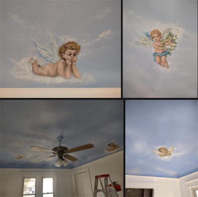 Custom indoor ceiling mural featuring a realistic blue sky with fluffy white clouds.