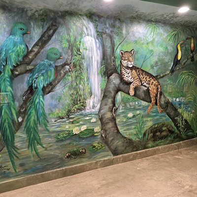 Hand-painted mural featuring lions, tigers, and monkeys in a lush jungle.