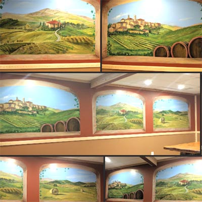 Large scale Italian restaurant mural featuring rolling hills and green pastures.